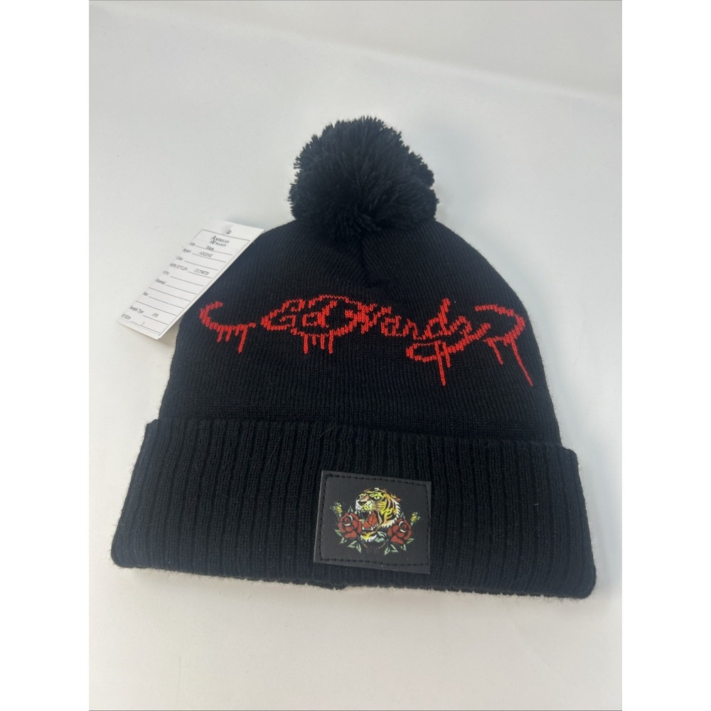 NWT Ed Hardy Black Beanie With Pom Puff Tiger & Rose Red Signature Y2K